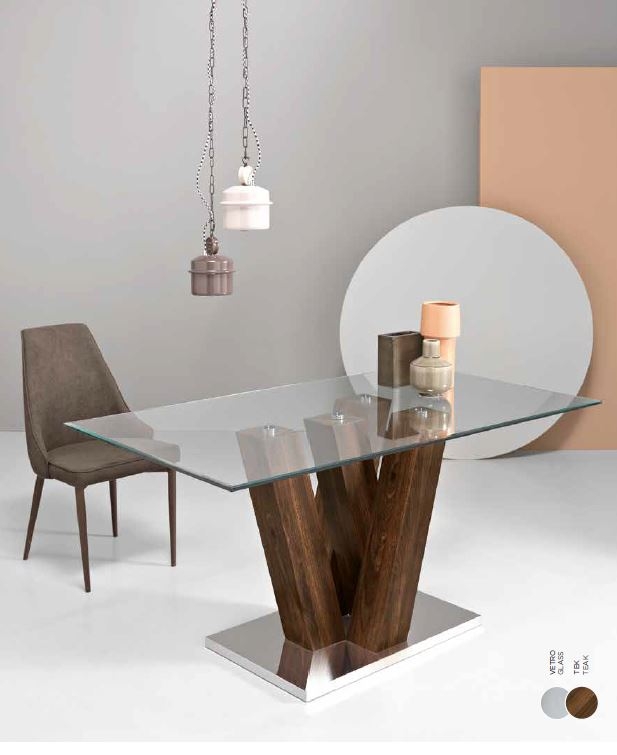 Tavolo con piano in vetro fumè e base effetto legno ZEFIRO TEAK